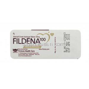 バイアグラジェネリック, シルデナフィル, フィルデナ 100mg 100錠,シート裏面情報